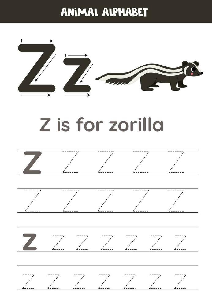 Tracing alphabet letters for kids. Animal alphabet. z is for zorilla. vector