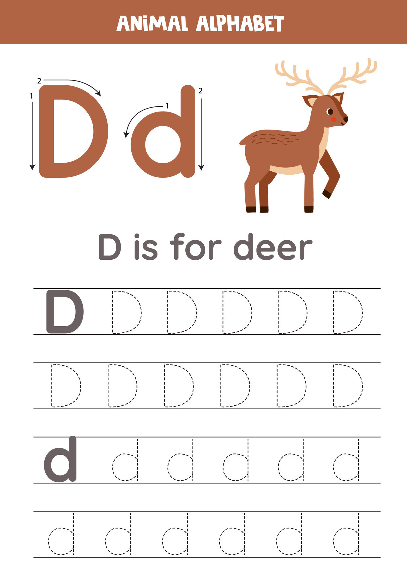 Tracing alphabet letters for kids. Animal alphabet. D is for deer ...