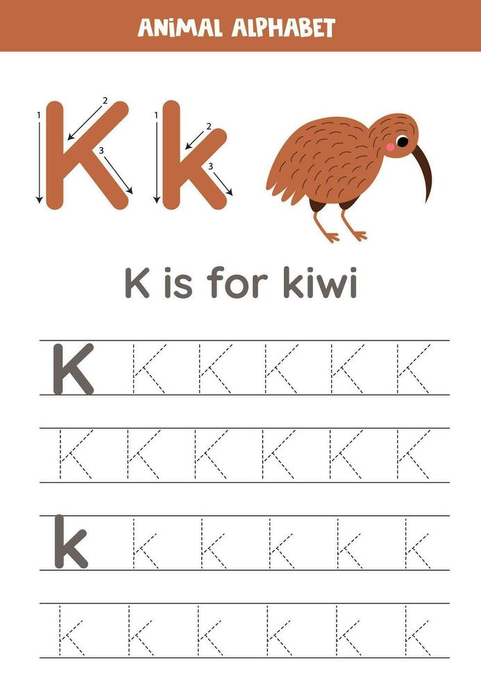 Tracing alphabet letters for kids. Animal alphabet. K is for kiwi bird vector