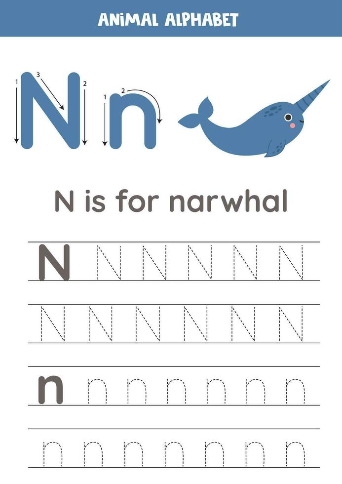 Tracing alphabet letters for kids. Animal alphabet. N is for narwhal. vector