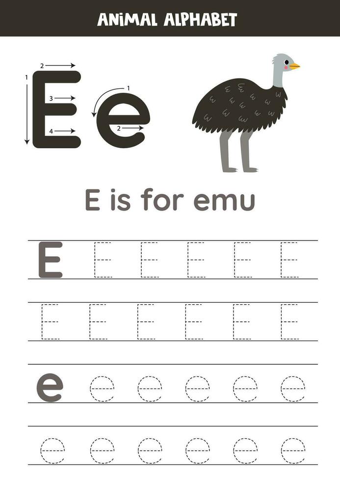 Tracing alphabet letters for kids. Animal alphabet. E is for emu. vector