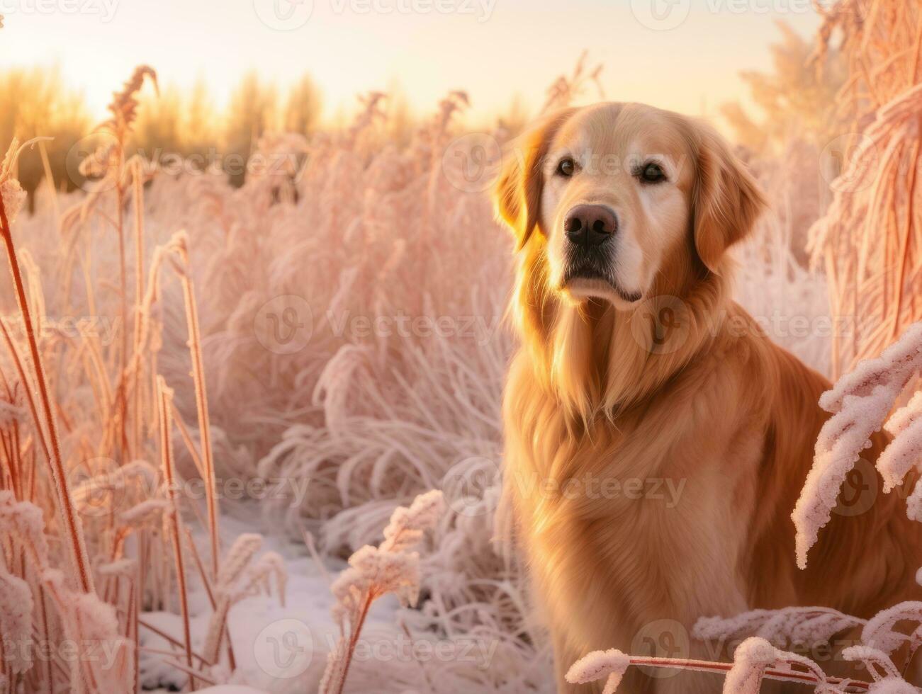 Dog during a winter walk AI Generative photo