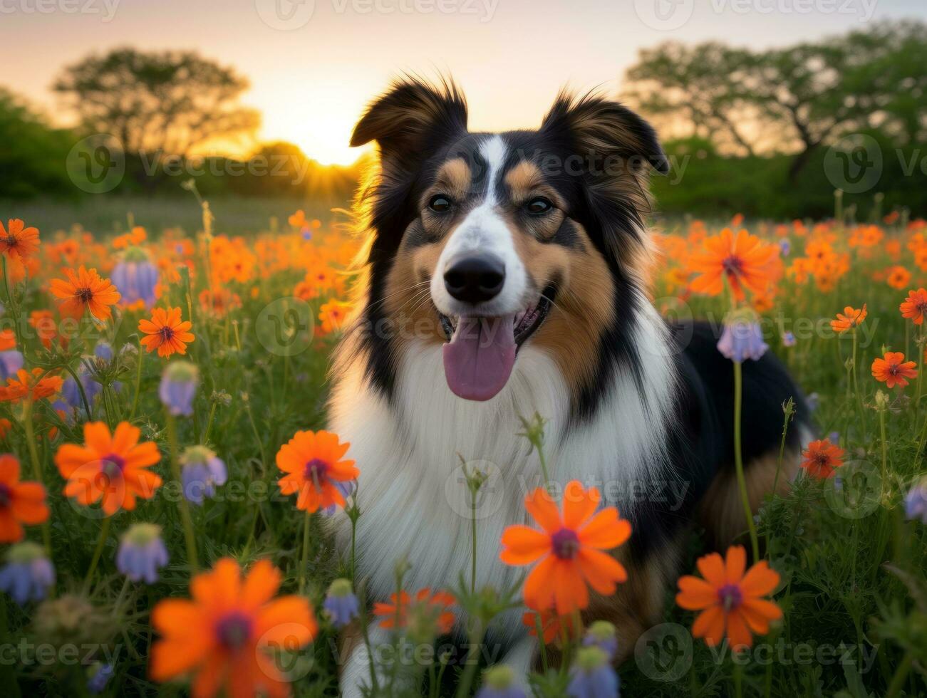 Curious dog exploring a field of blooming wildflower AI Generative photo