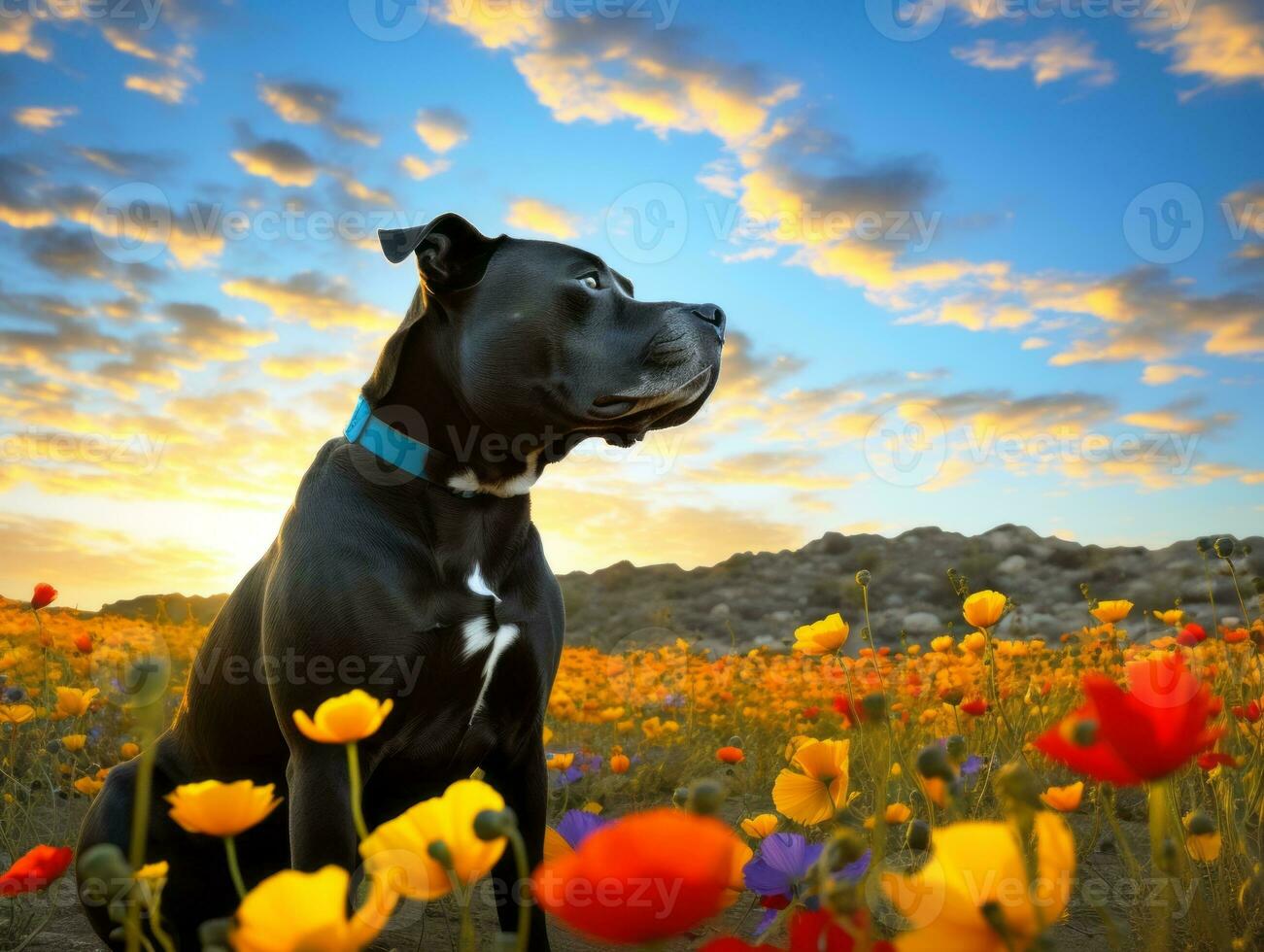 Curious dog exploring a field of blooming wildflower AI Generative photo
