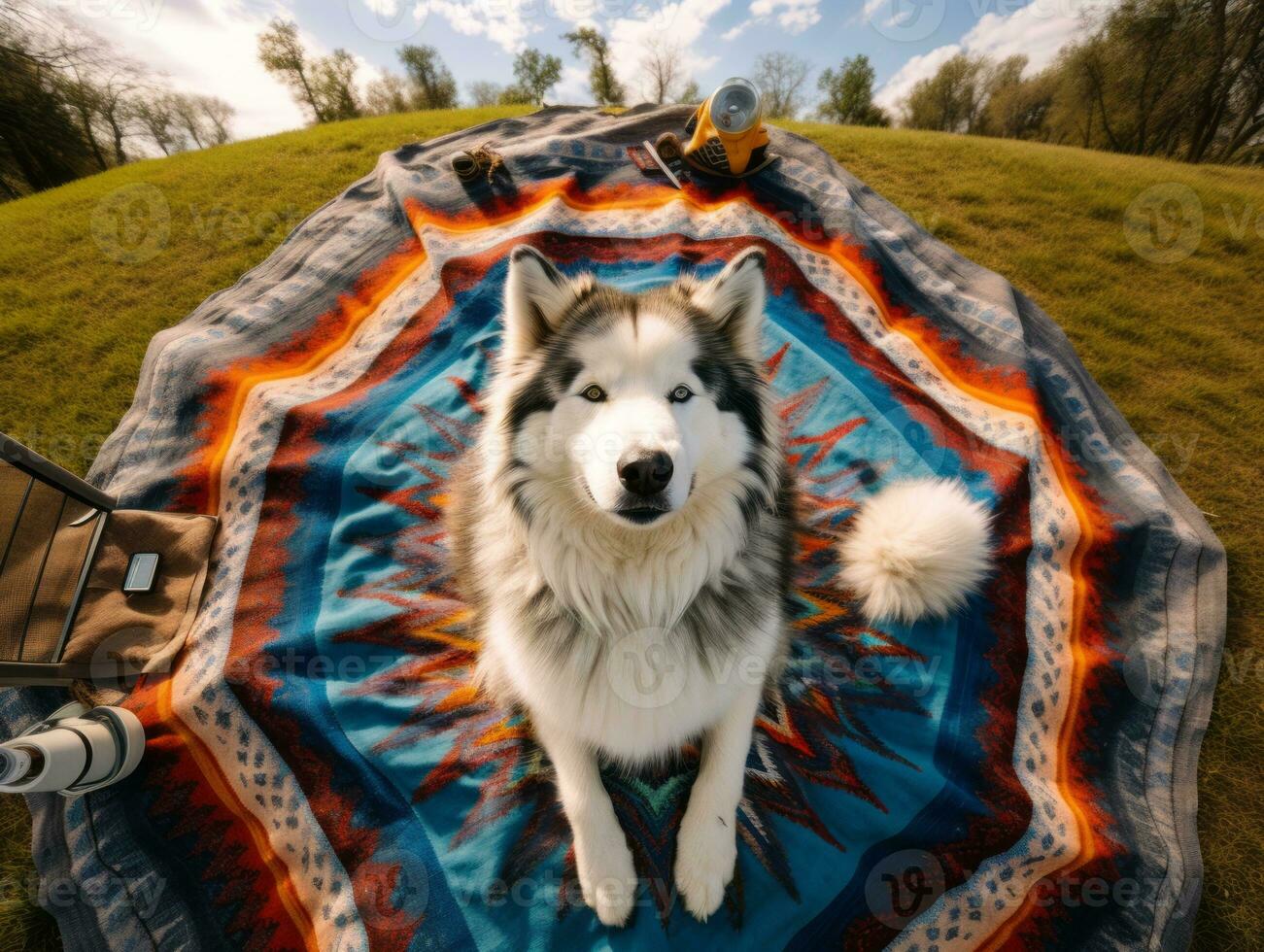 Fluffy dog sitting on a colorful picnic blanket AI Generative photo