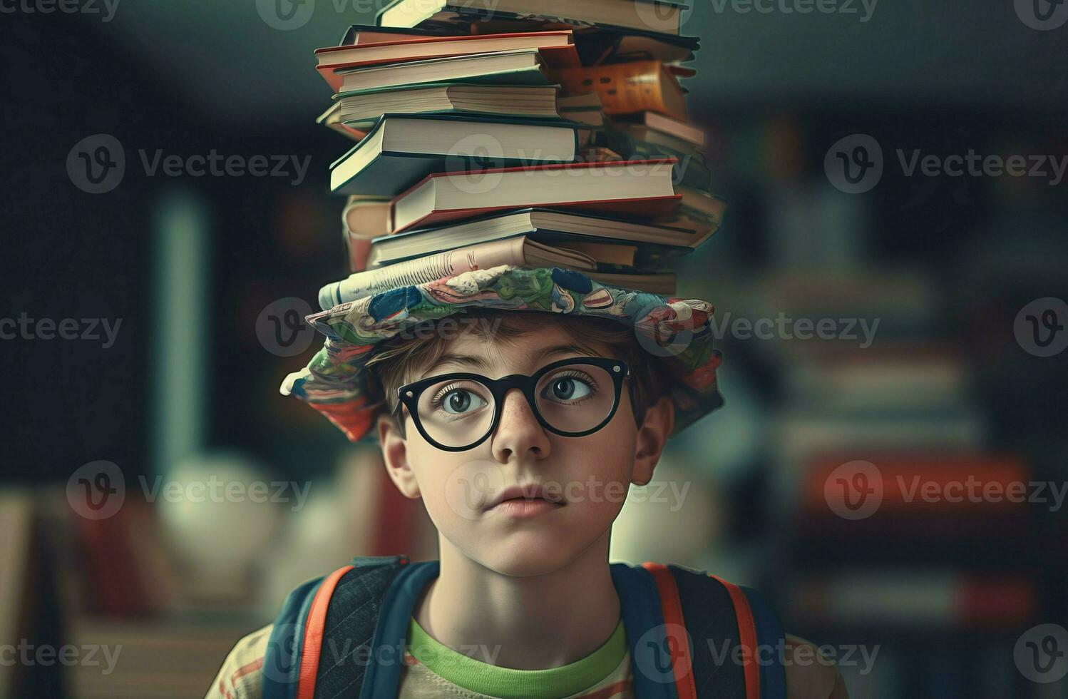 estudiante en lentes participación libros a cabeza. generar ai foto