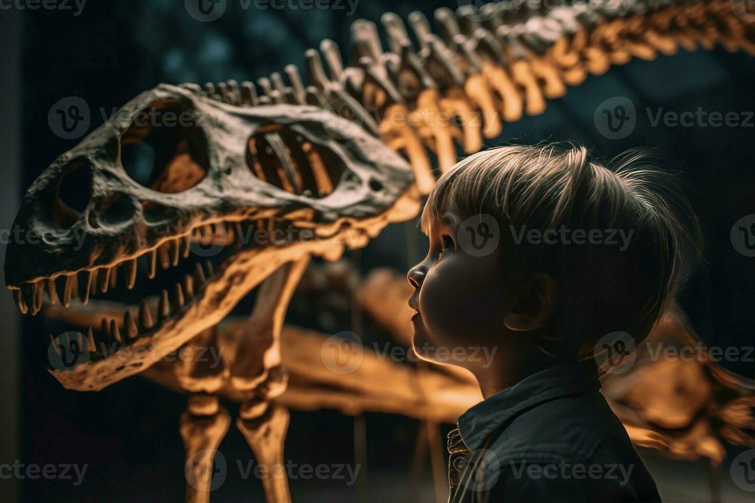 niño dino esqueleto museo. generar ai foto