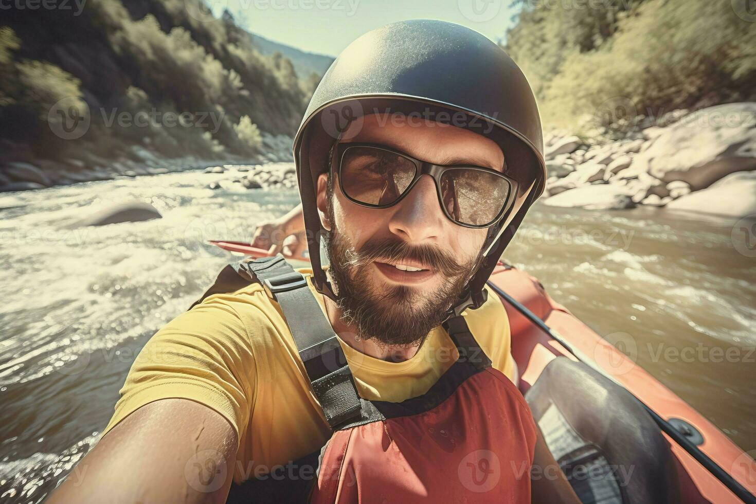 River rafting man in sunglasses closeup selfie. Generate Ai photo