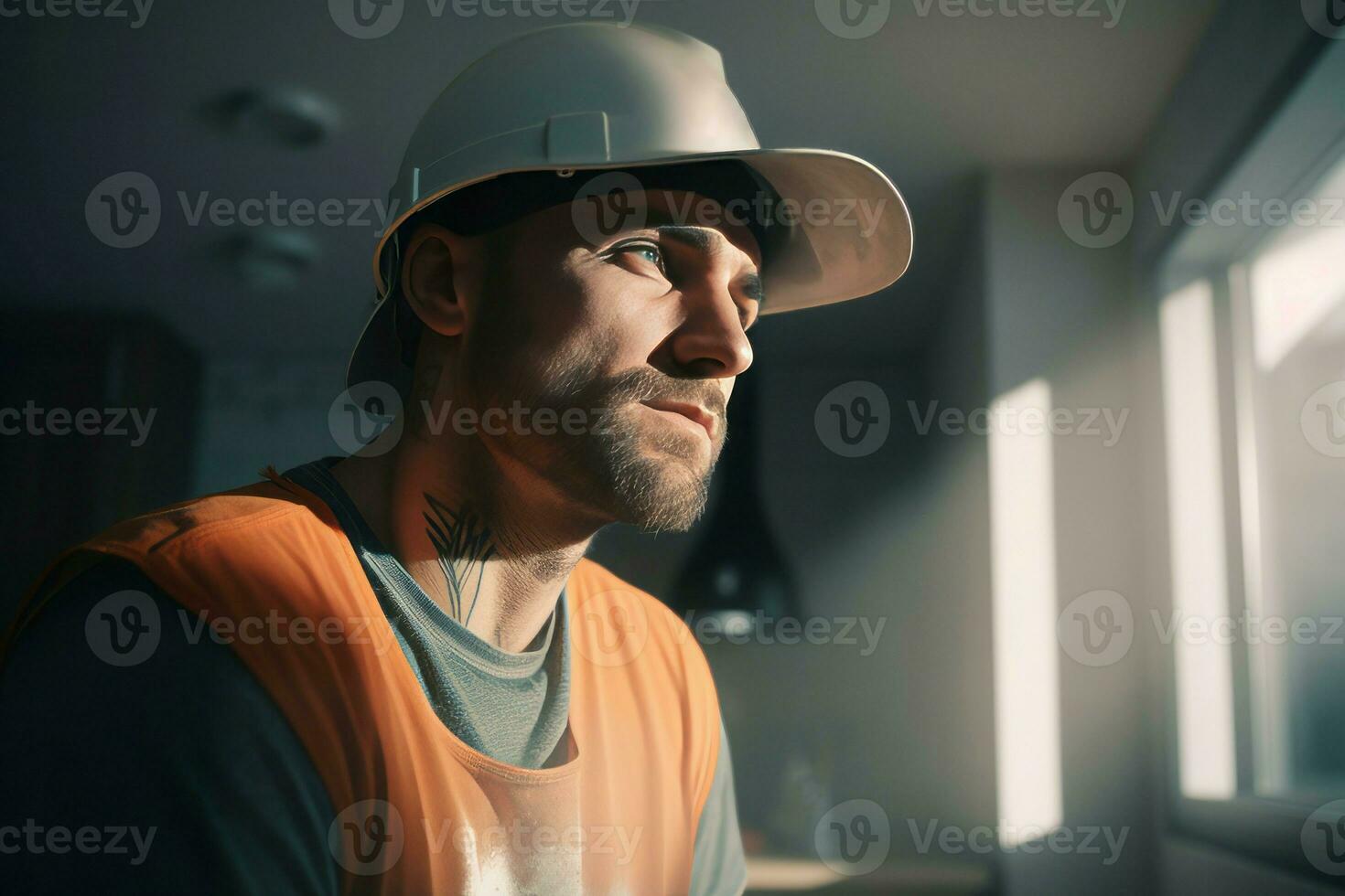 Smile construction worker in helmet look at window. Generate Ai photo