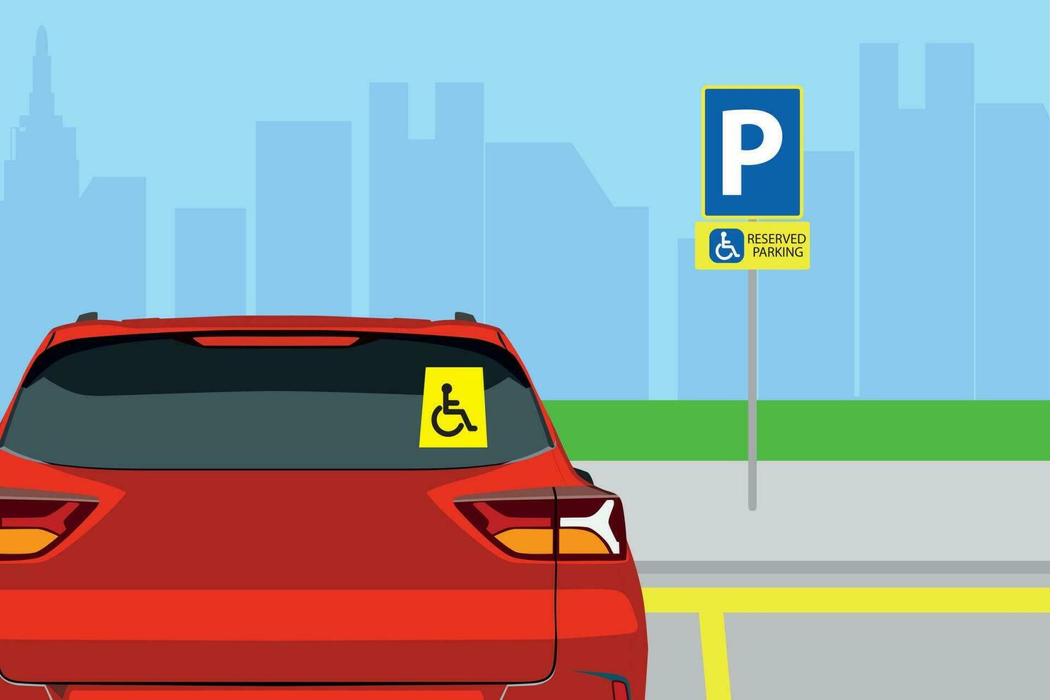 Traffic or road rules. Disabled parking area sign. Back view of a blue sedan car with handicap access sticker on rear window. vector