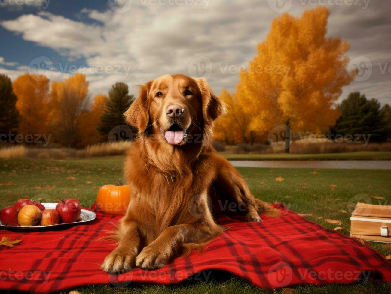 Fluffy dog sitting on a colorful picnic blanket AI Generative photo