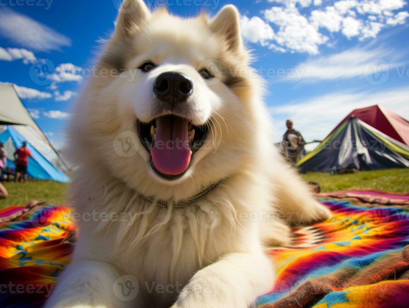 Fluffy dog sitting on a colorful picnic blanket AI Generative photo