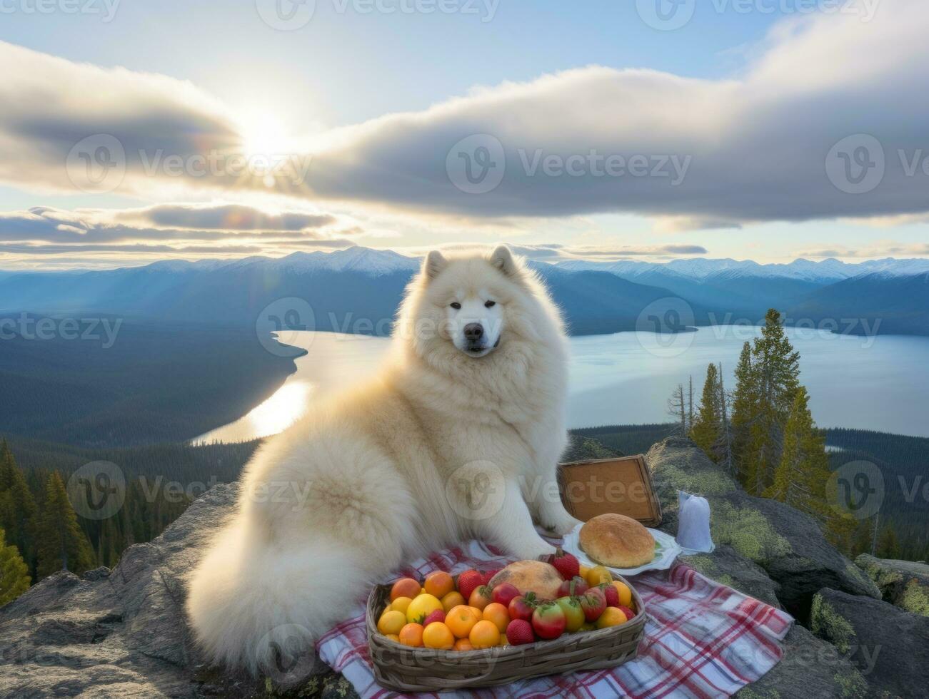 Fluffy dog sitting on a colorful picnic blanket AI Generative photo