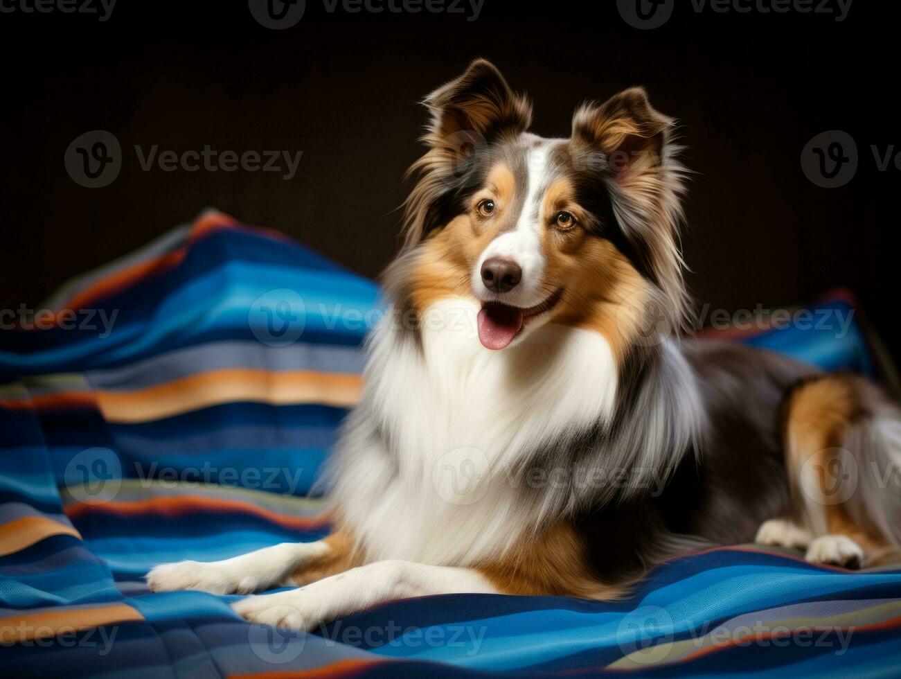 Fluffy dog sitting on a colorful picnic blanket AI Generative photo