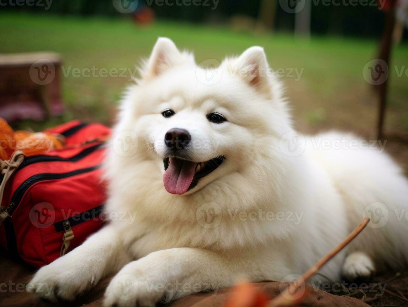 Fluffy dog sitting on a colorful picnic blanket AI Generative photo