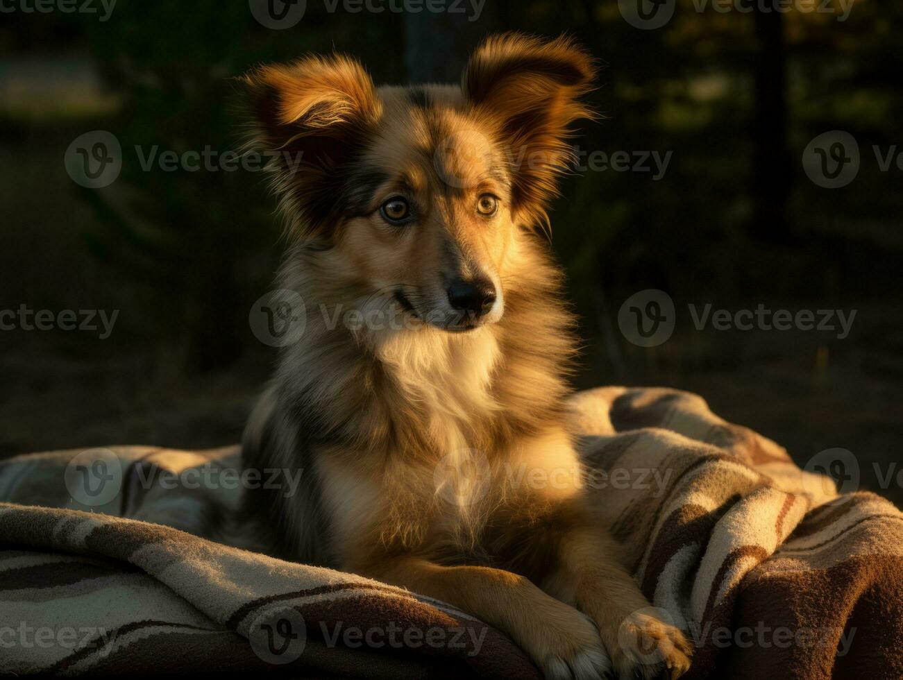 Fluffy dog sitting on a colorful picnic blanket AI Generative photo