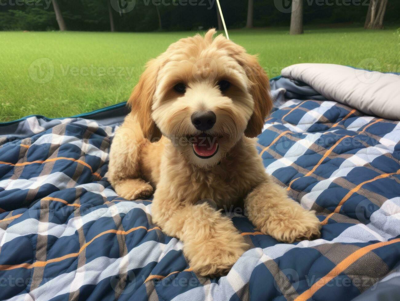 Fluffy dog sitting on a colorful picnic blanket AI Generative photo