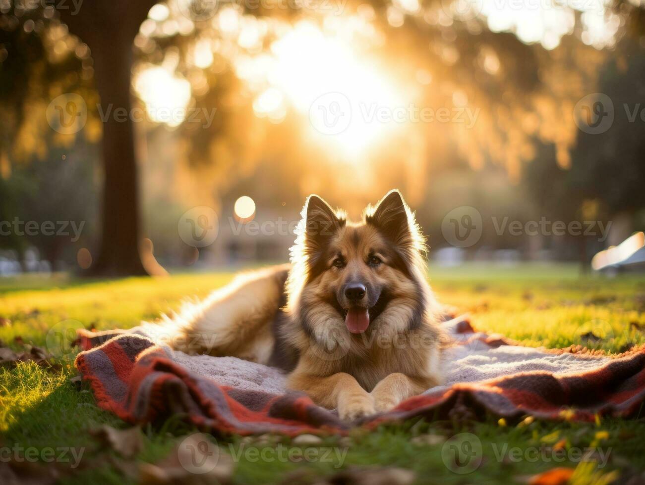 Fluffy dog sitting on a colorful picnic blanket AI Generative photo
