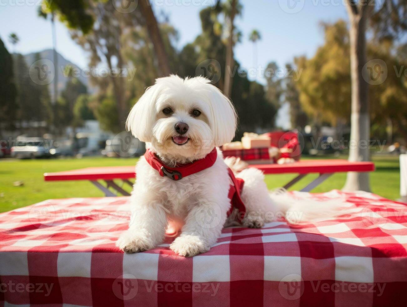 Fluffy dog sitting on a colorful picnic blanket AI Generative photo