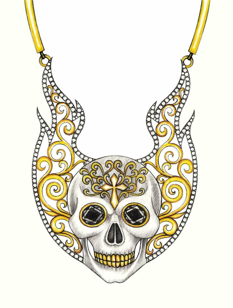 Jewelry design art vintage mix fancy skull necklace hand drawing and painting make graphic vector. vector