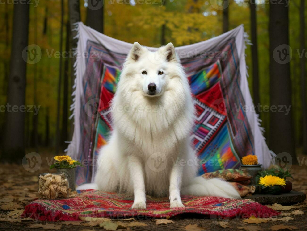 Fluffy dog sitting on a colorful picnic blanket AI Generative photo