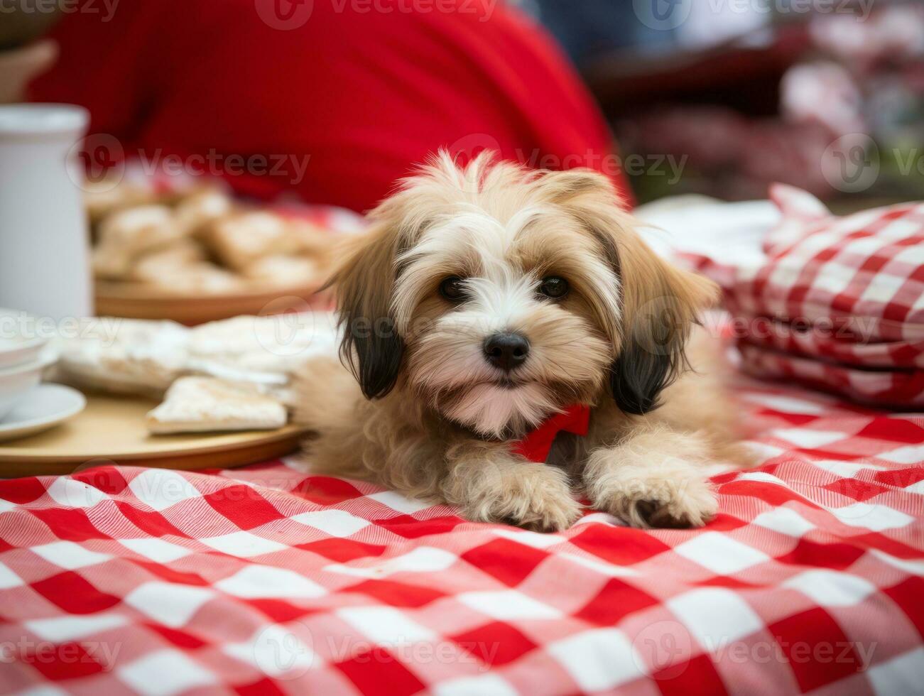 Fluffy dog sitting on a colorful picnic blanket AI Generative photo