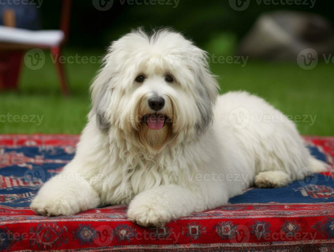 Fluffy dog sitting on a colorful picnic blanket AI Generative photo