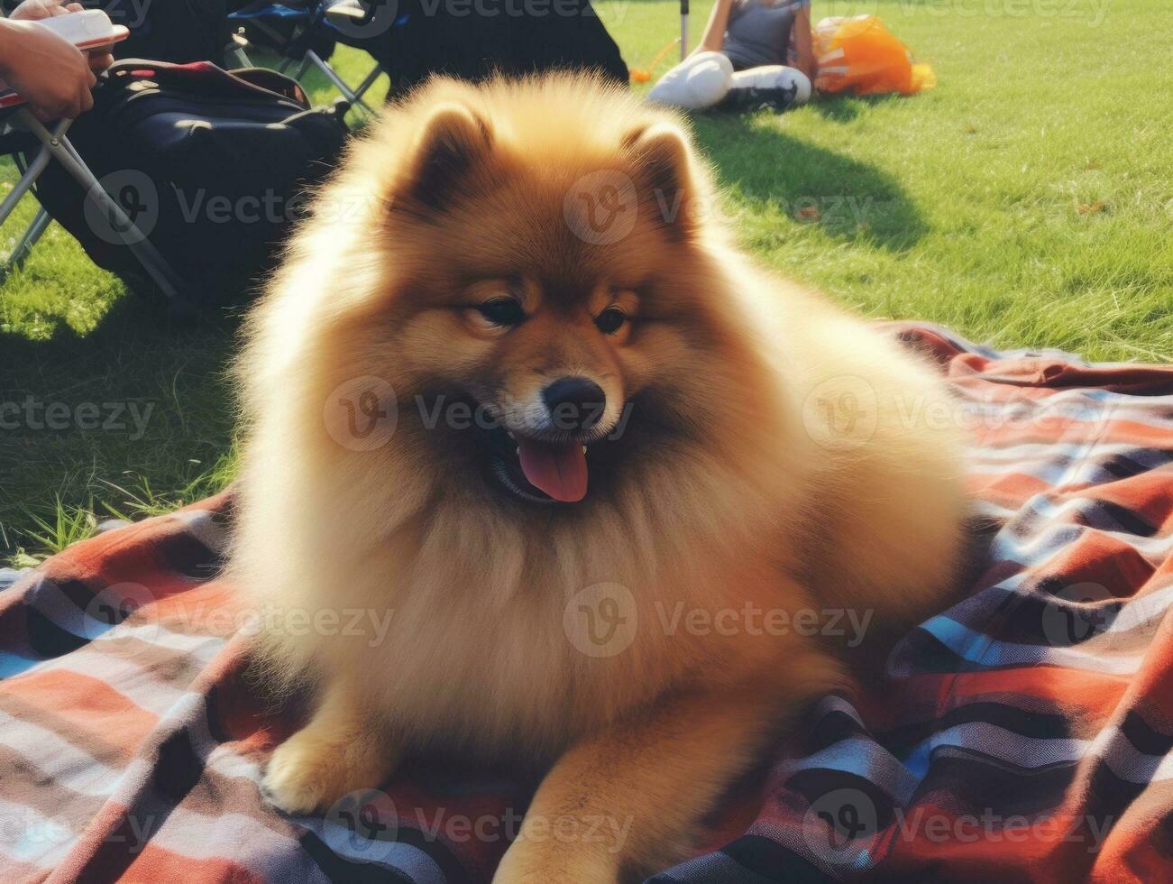Fluffy dog sitting on a colorful picnic blanket AI Generative photo
