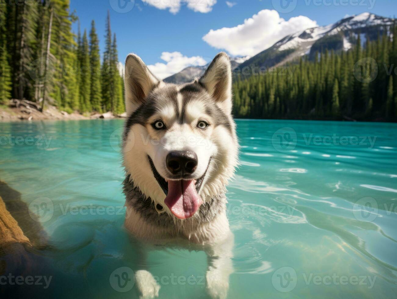 Friendly dog in a clear blue lake AI Generative photo