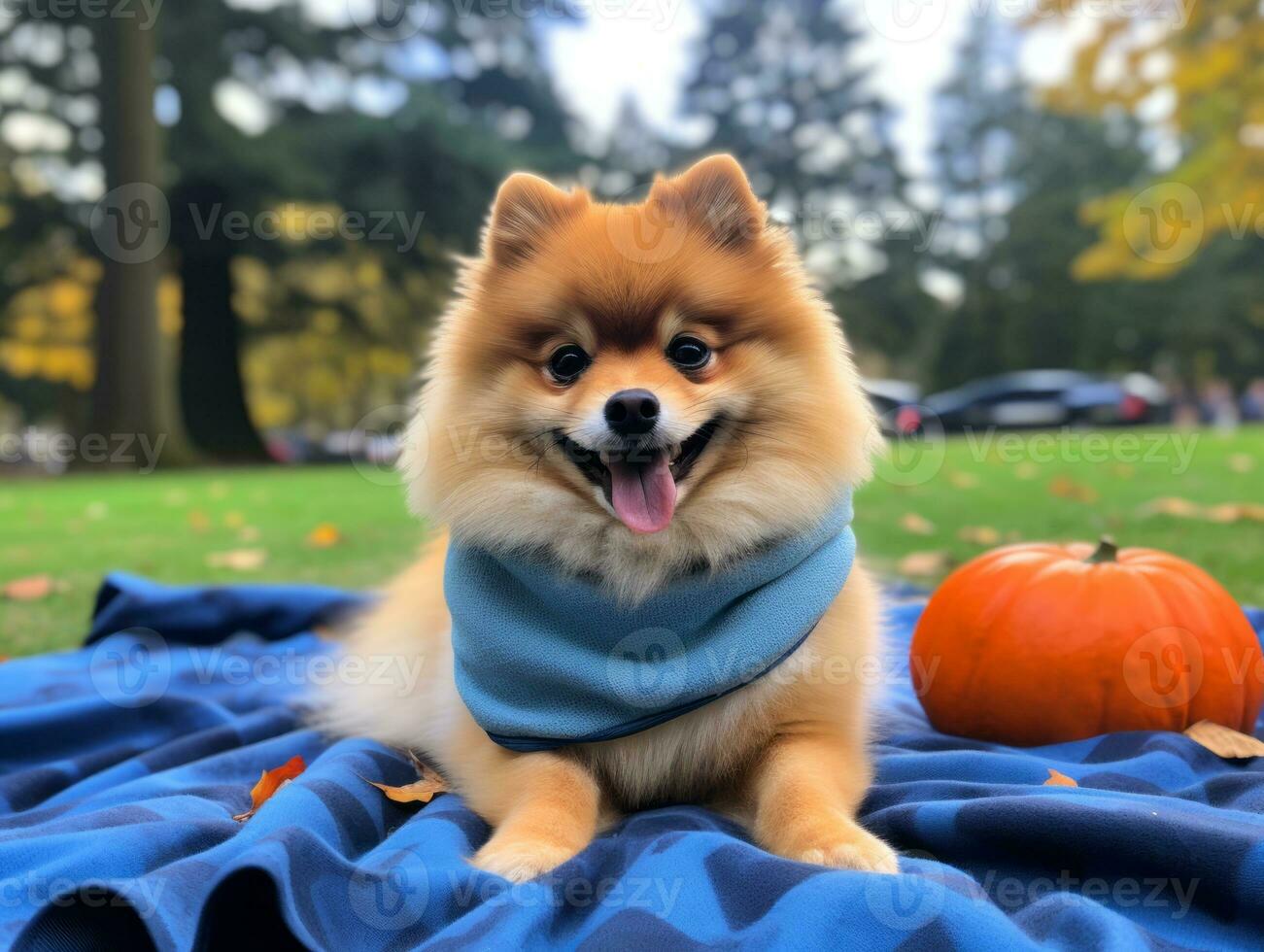 Fluffy dog sitting on a colorful picnic blanket AI Generative photo