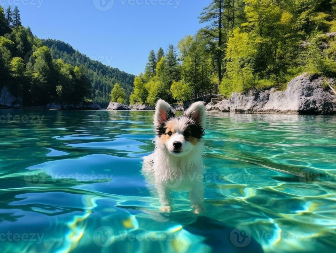 Friendly dog in a clear blue lake AI Generative photo