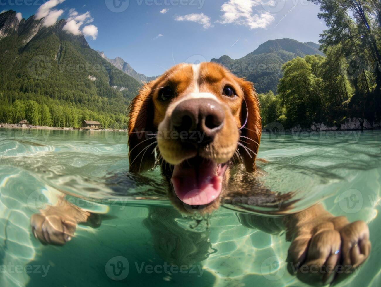 Friendly dog in a clear blue lake AI Generative photo