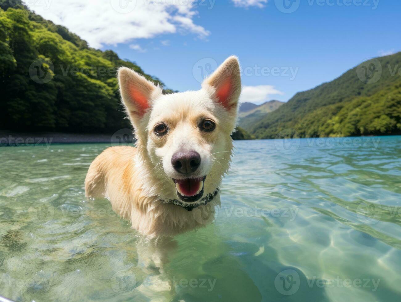 Friendly dog in a clear blue lake AI Generative photo