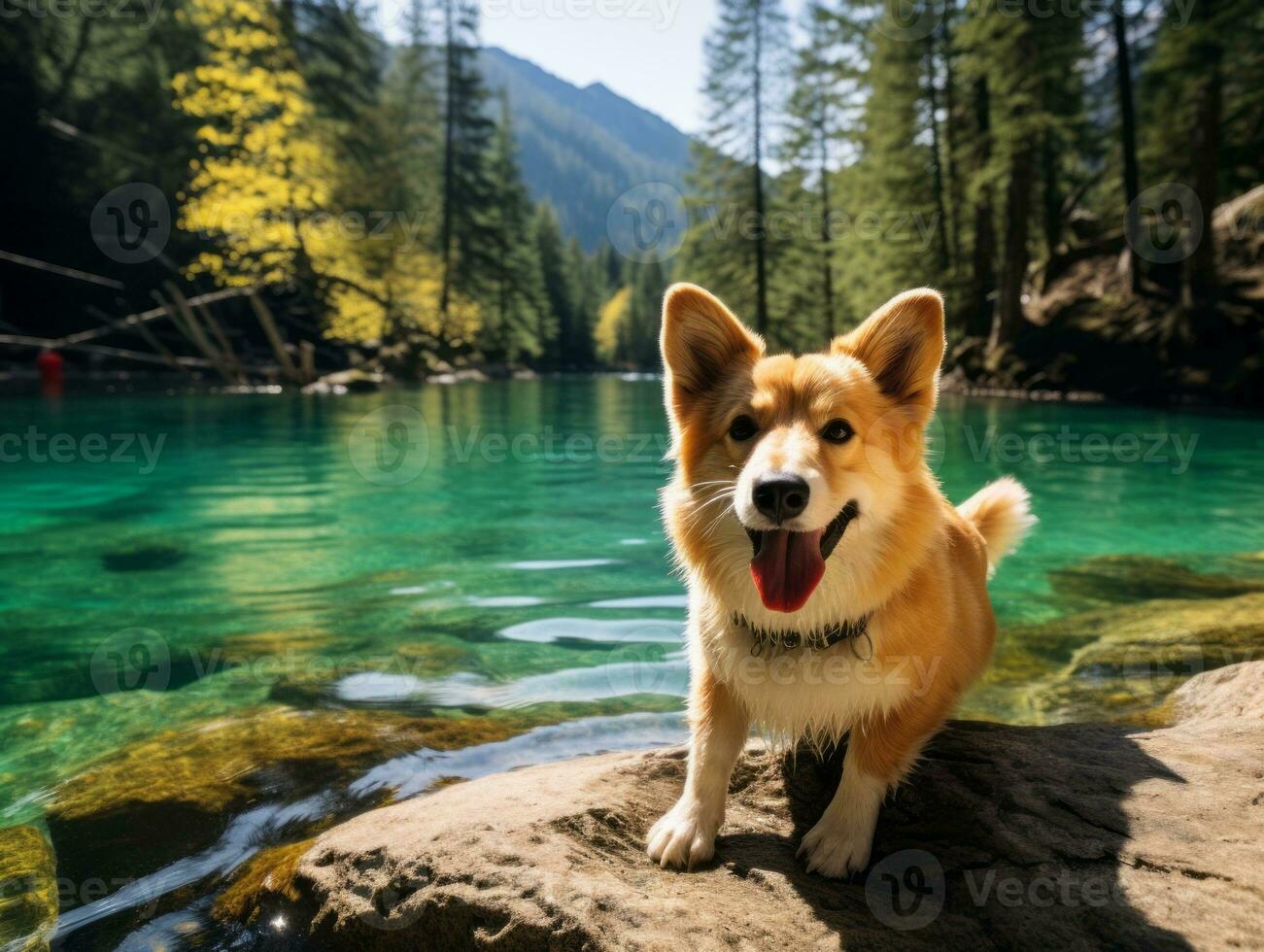 Friendly dog in a clear blue lake AI Generative photo