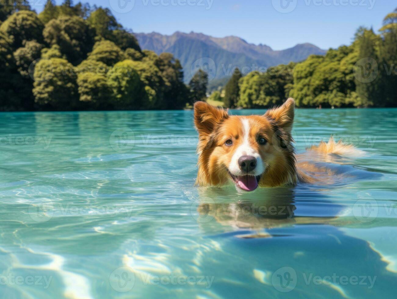 Friendly dog in a clear blue lake AI Generative photo