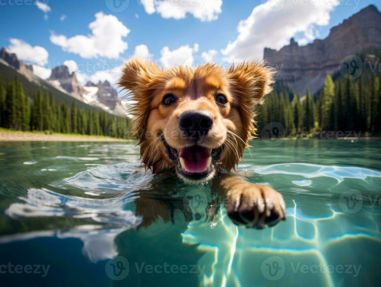 Friendly dog in a clear blue lake AI Generative photo