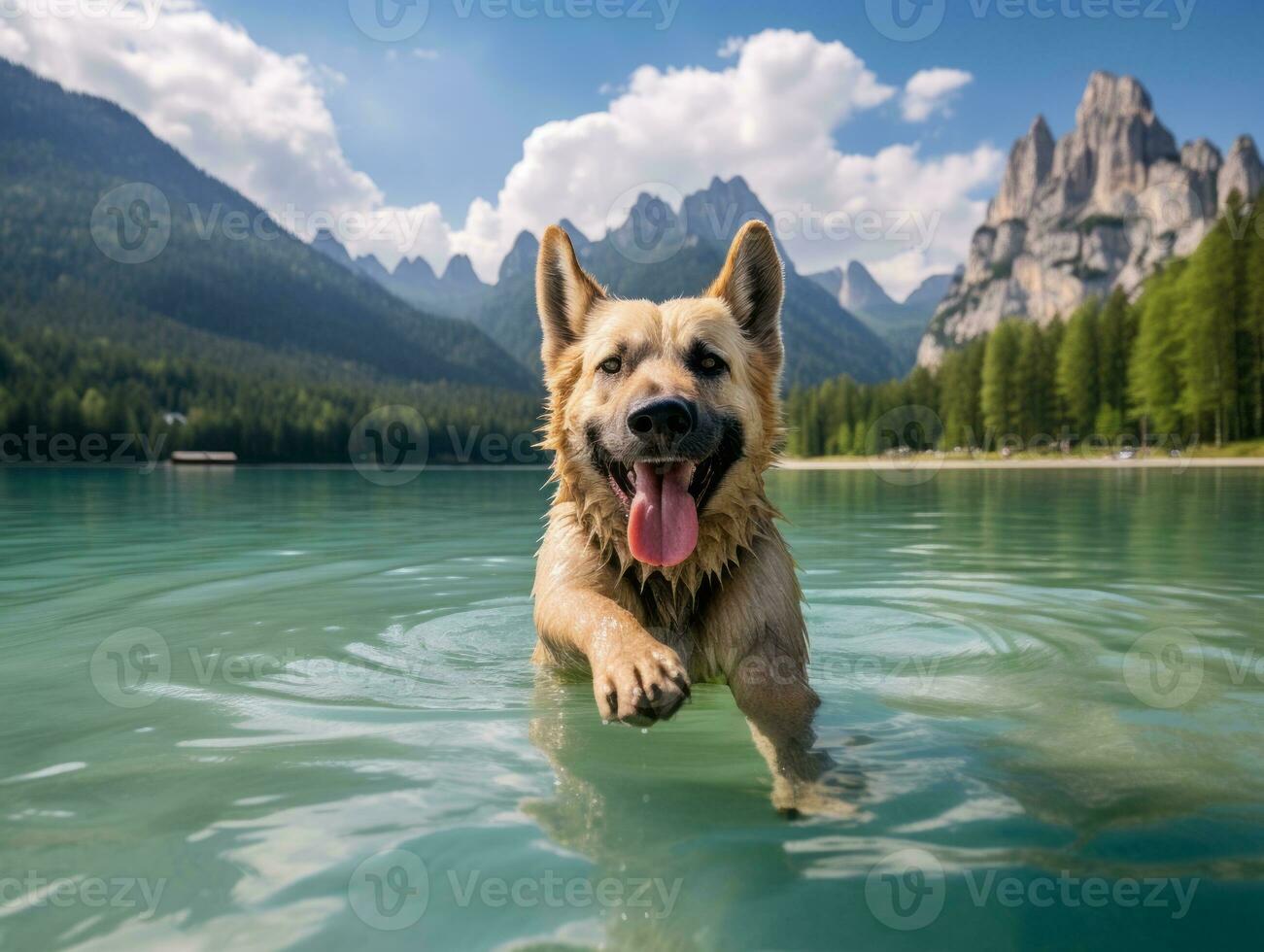 Friendly dog in a clear blue lake AI Generative photo