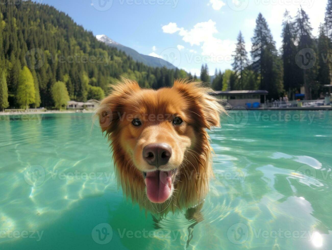 Friendly dog in a clear blue lake AI Generative photo