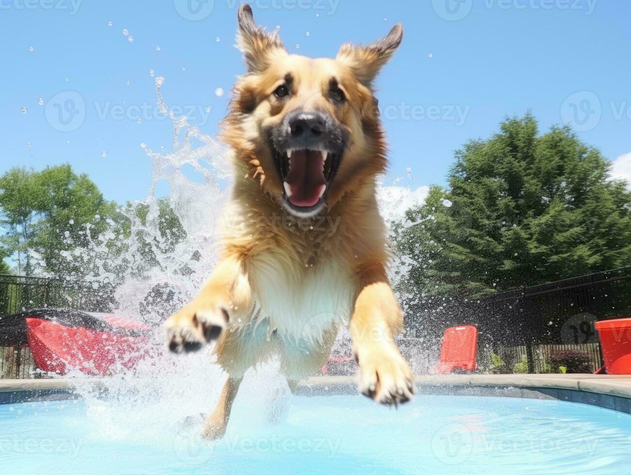 Wet and joyful dog leaping into a pool on a hot summer day AI Generative photo