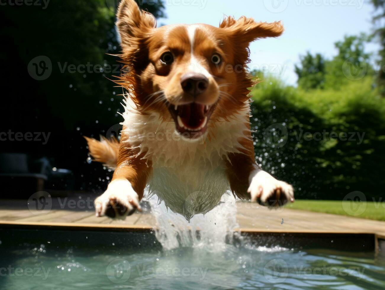 Wet and joyful dog leaping into a pool on a hot summer day AI Generative photo