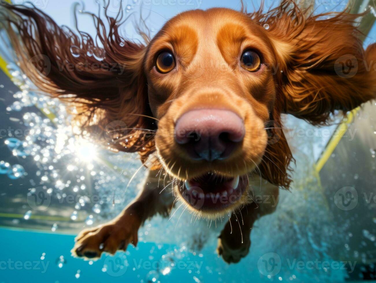 Wet and joyful dog leaping into a pool on a hot summer day AI Generative photo