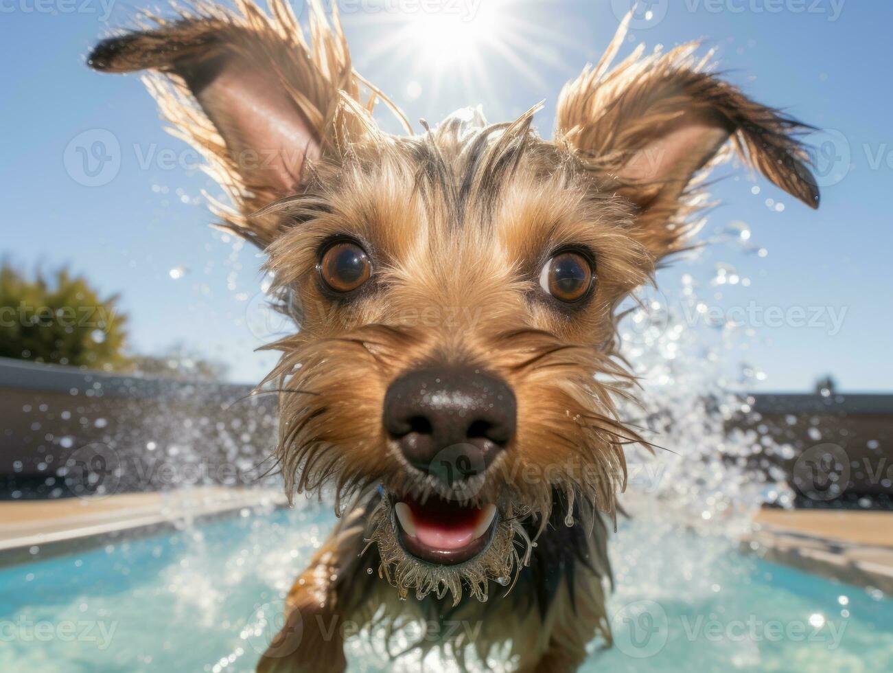 Wet and joyful dog leaping into a pool on a hot summer day AI Generative photo