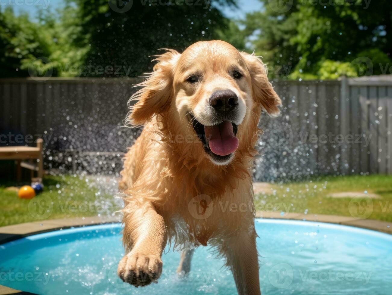 Wet and joyful dog leaping into a pool on a hot summer day AI Generative photo