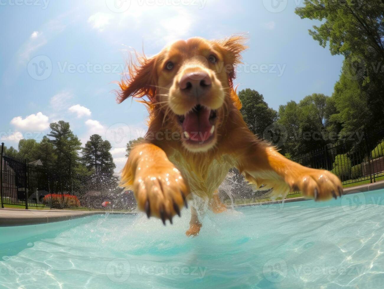 Wet and joyful dog leaping into a pool on a hot summer day AI Generative photo