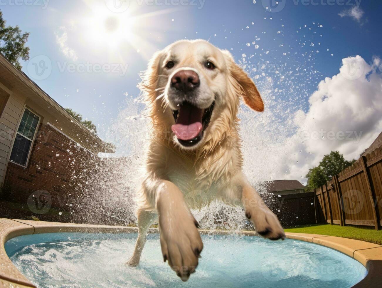 Wet and joyful dog leaping into a pool on a hot summer day AI Generative photo