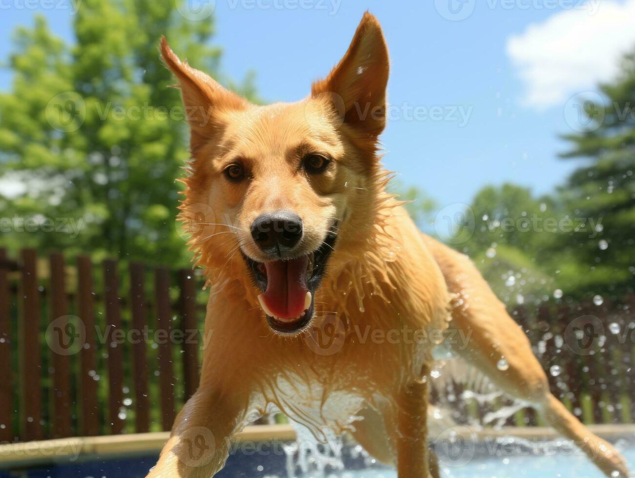 Wet and joyful dog leaping into a pool on a hot summer day AI Generative photo