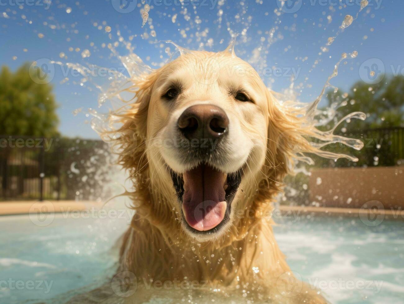 Wet and joyful dog leaping into a pool on a hot summer day AI Generative photo