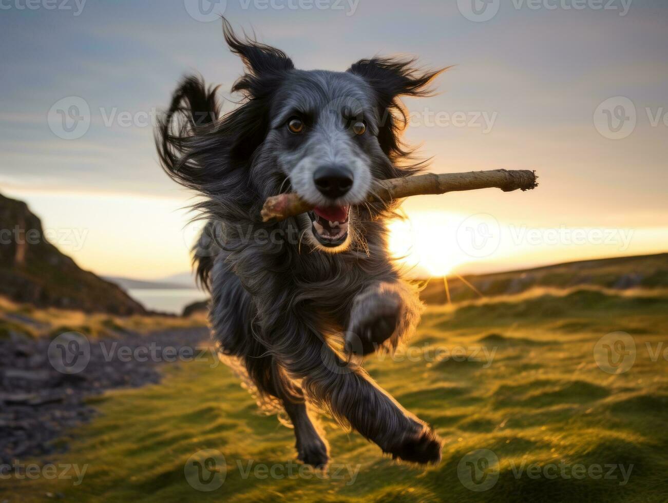 Trusty dog with a stick in its mouth ready for a game of fetch AI Generative photo