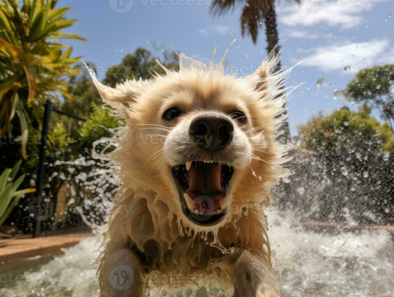 Wet and joyful dog leaping into a pool on a hot summer day AI Generative photo