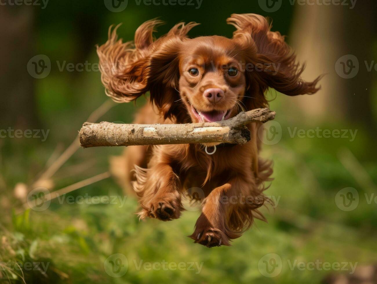 Trusty dog with a stick in its mouth ready for a game of fetch AI Generative photo